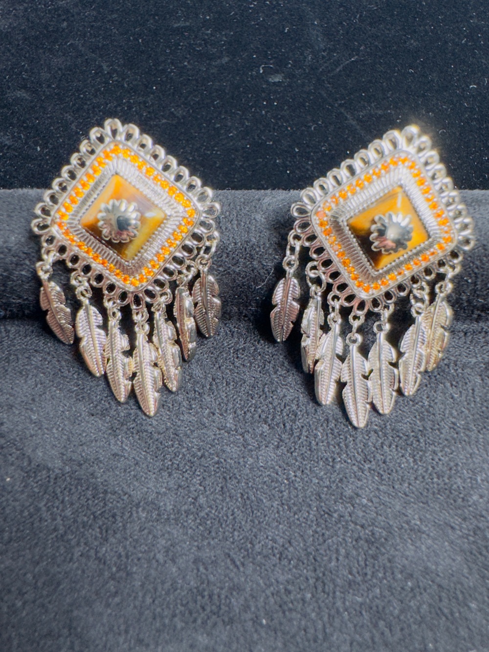 Tiger’s Eye CZ Feather Statement Drop Earrings - Picture 4 of 7